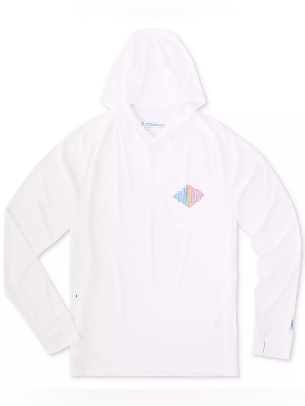 chubbies White Hooded Long Sleeve Tee with Pastel Rainbow Logo